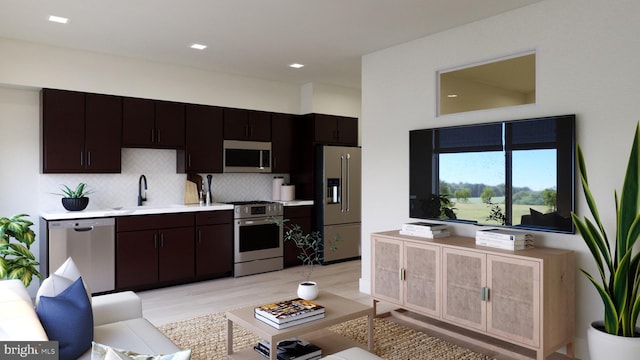 kitchen featuring sink, dark brown cabinets, stainless steel appliances, tasteful backsplash, and light hardwood / wood-style floors