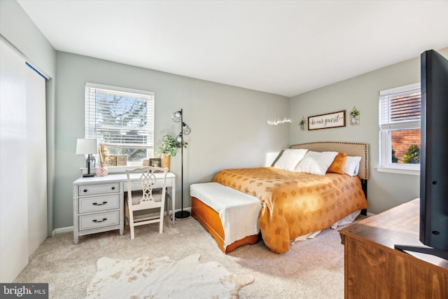 bedroom with multiple windows, light colored carpet, and a closet