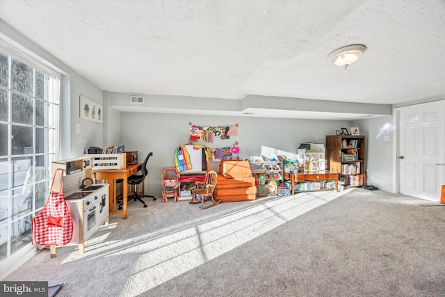 interior space featuring a textured ceiling and carpet