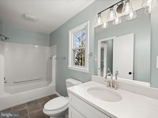 full bathroom featuring tile patterned flooring, vanity,  shower combination, and toilet