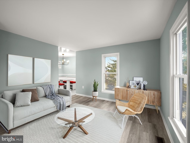 living room with wood-type flooring and an inviting chandelier