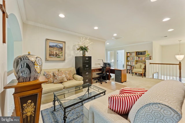 living area with carpet, ornamental molding, arched walkways, and recessed lighting