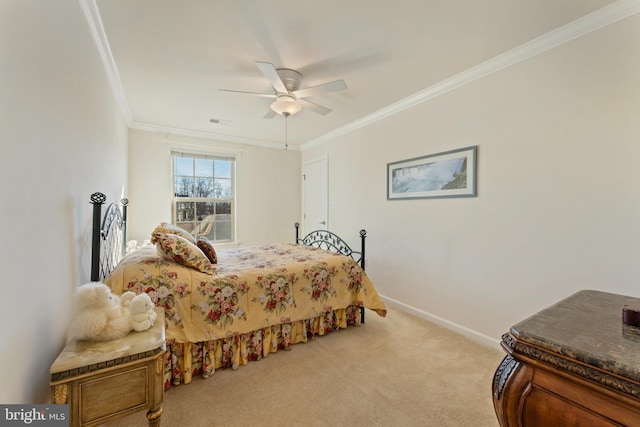 bedroom featuring ornamental molding, carpet, visible vents, and baseboards