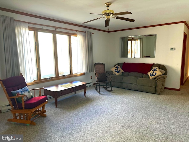 carpeted living area with ceiling fan, a baseboard radiator, baseboards, and crown molding