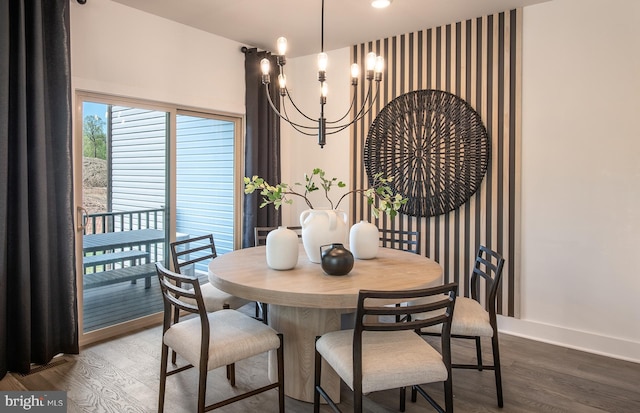 dining room featuring wood-type flooring and a notable chandelier