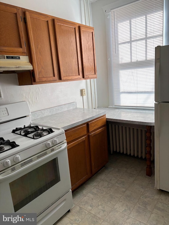 kitchen with radiator and white appliances