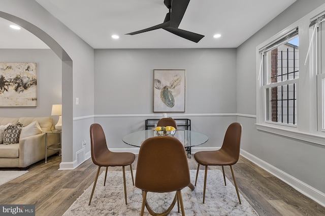 dining room featuring hardwood / wood-style flooring and ceiling fan