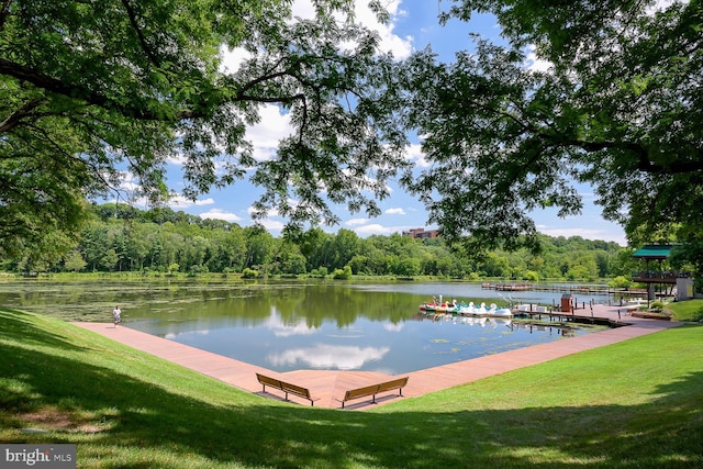 dock area featuring a water view and a lawn