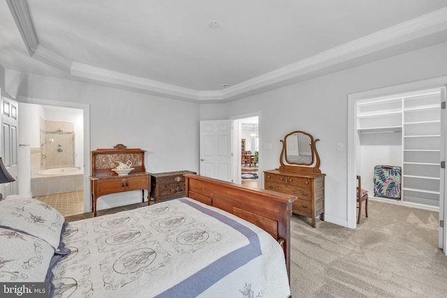 bedroom featuring crown molding, a tray ceiling, a spacious closet, light colored carpet, and a closet