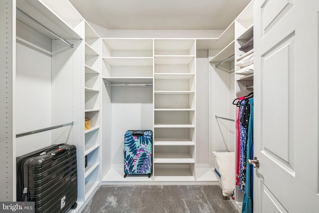 walk in closet with dark colored carpet and heating unit