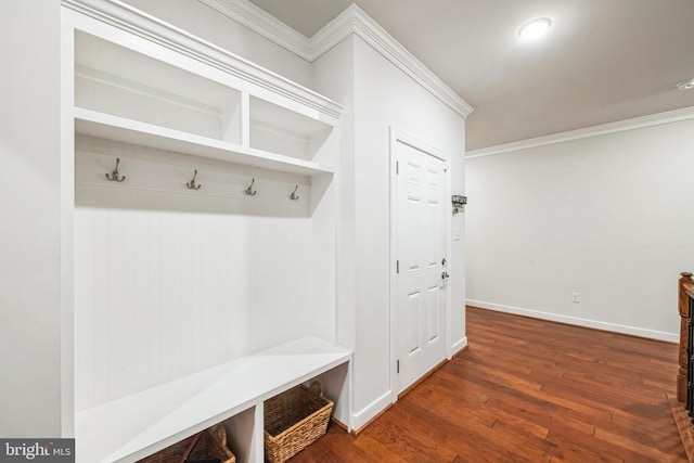 mudroom with crown molding and dark hardwood / wood-style flooring