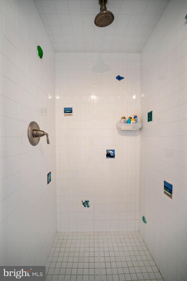 bathroom featuring a tile shower and tile walls