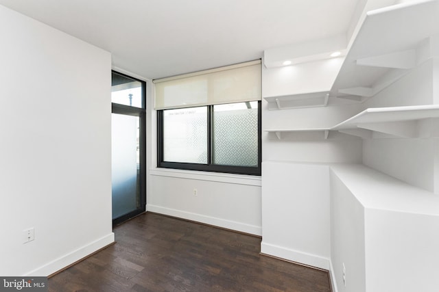 walk in closet with dark hardwood / wood-style flooring