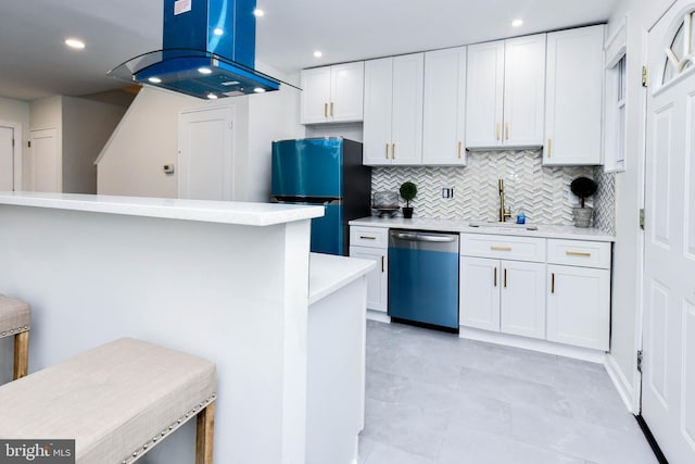 kitchen featuring white cabinetry, island exhaust hood, dishwasher, and sink