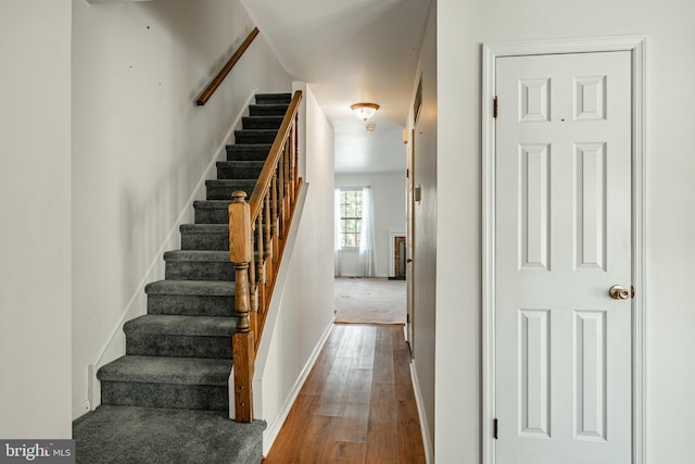 stairway with hardwood / wood-style floors