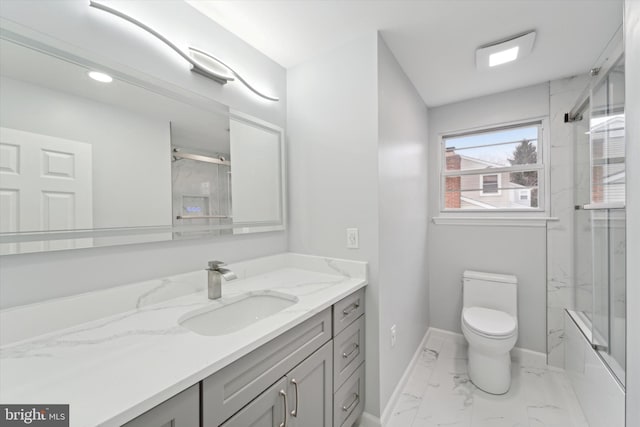 full bathroom with vanity, enclosed tub / shower combo, and toilet