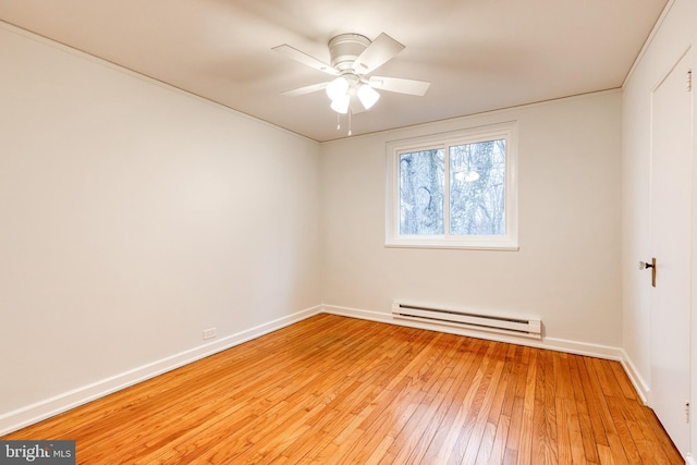 spare room featuring light wood-type flooring, ceiling fan, and baseboard heating