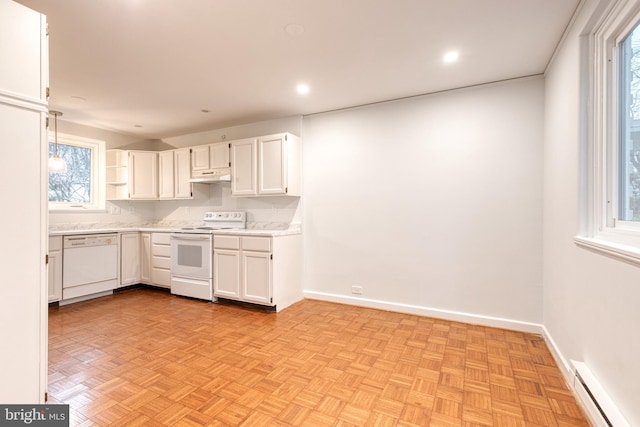 kitchen with baseboard heating, white appliances, white cabinetry, and light parquet floors