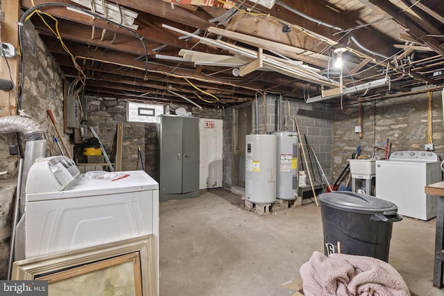 basement featuring electric water heater, sink, and washer and clothes dryer