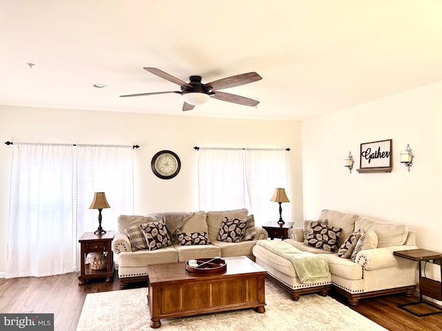 living room with wood-type flooring, plenty of natural light, and ceiling fan