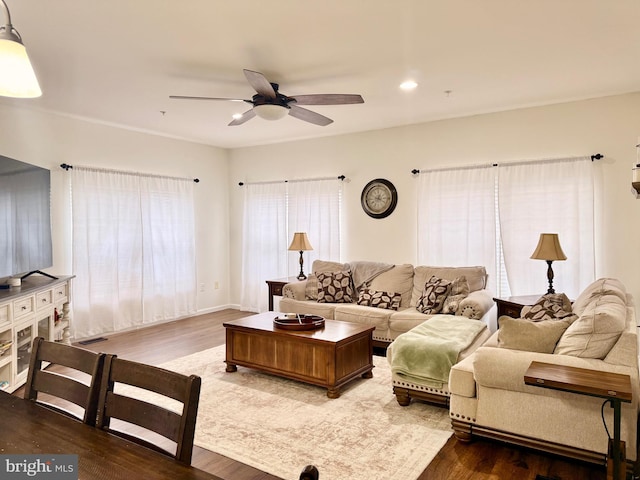 living room with hardwood / wood-style flooring and ceiling fan