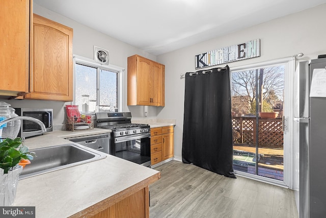 kitchen featuring appliances with stainless steel finishes, sink, and light hardwood / wood-style flooring