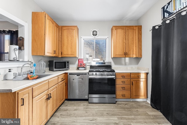 kitchen featuring sink, light hardwood / wood-style floors, and appliances with stainless steel finishes