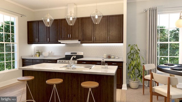 kitchen featuring pendant lighting, stainless steel range, tasteful backsplash, and a kitchen bar