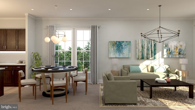 living room with ornamental molding and a notable chandelier