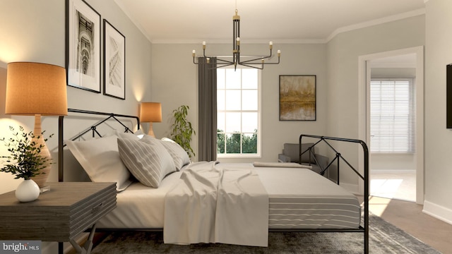 bedroom featuring dark carpet, ornamental molding, and a chandelier