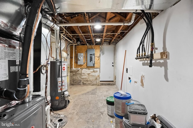 basement with gas water heater and electric panel