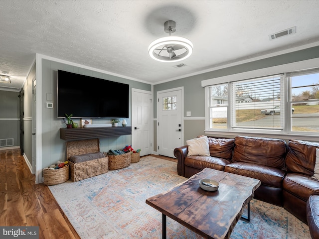 living room with crown molding, hardwood / wood-style floors, and a textured ceiling