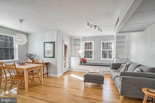 living room with built in features and light hardwood / wood-style floors