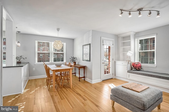 dining room featuring built in shelves, light hardwood / wood-style floors, and a wealth of natural light