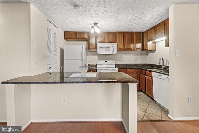 kitchen featuring sink, dark stone countertops, white appliances, kitchen peninsula, and a textured ceiling