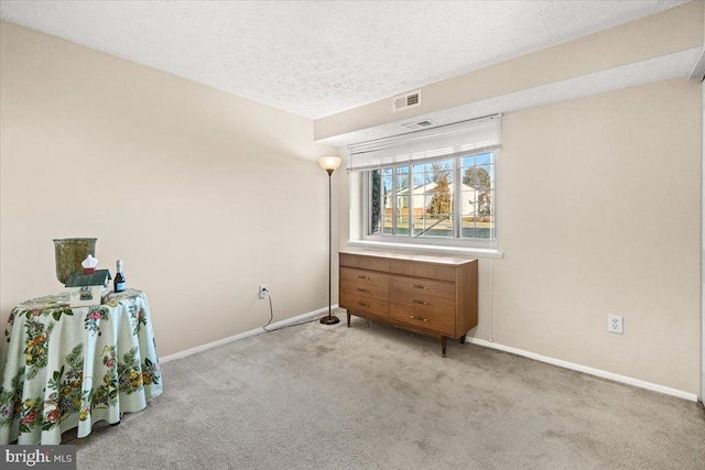 unfurnished bedroom with light colored carpet and a textured ceiling