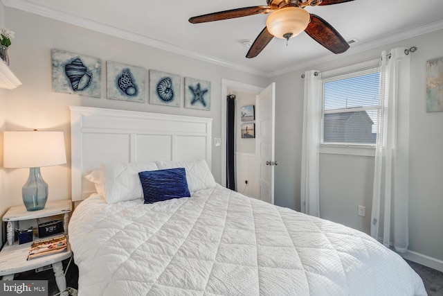 bedroom featuring ornamental molding and ceiling fan