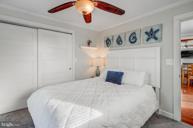 bedroom featuring carpet floors, ornamental molding, a closet, and ceiling fan