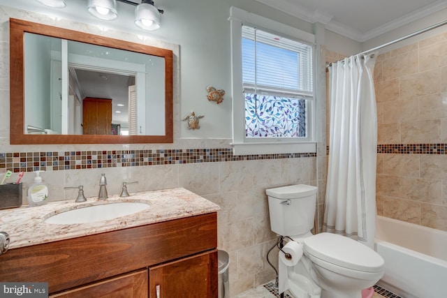 full bathroom featuring toilet, shower / tub combo, tile walls, ornamental molding, and vanity