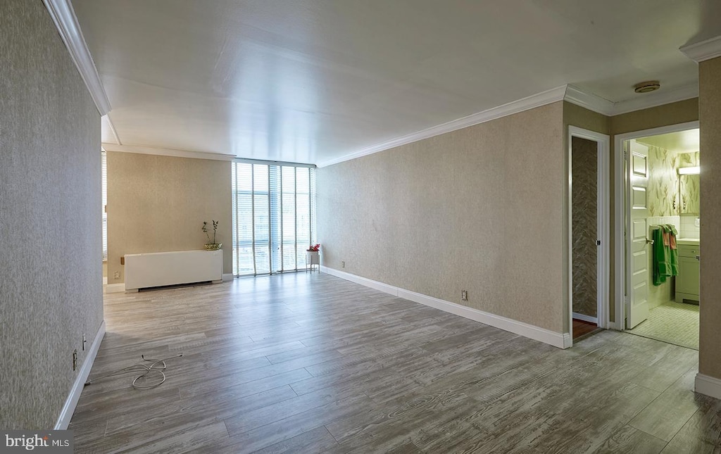 spare room featuring hardwood / wood-style flooring and ornamental molding