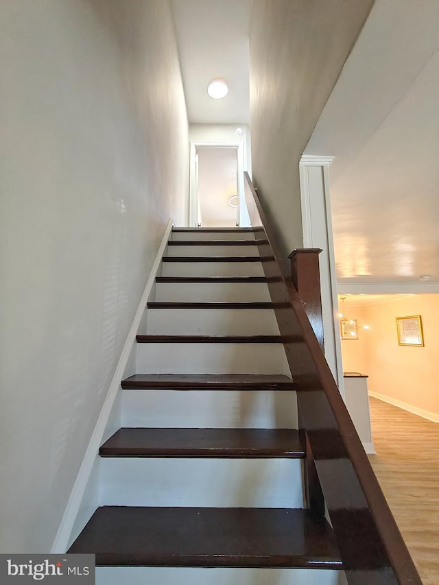 stairs with hardwood / wood-style flooring