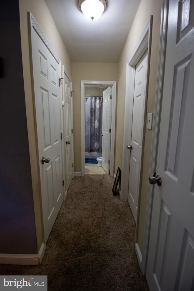 hallway with light colored carpet