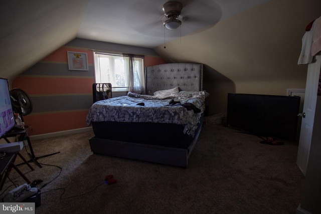 carpeted bedroom featuring ceiling fan and lofted ceiling