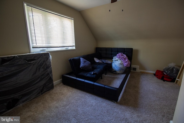 carpeted bedroom with vaulted ceiling