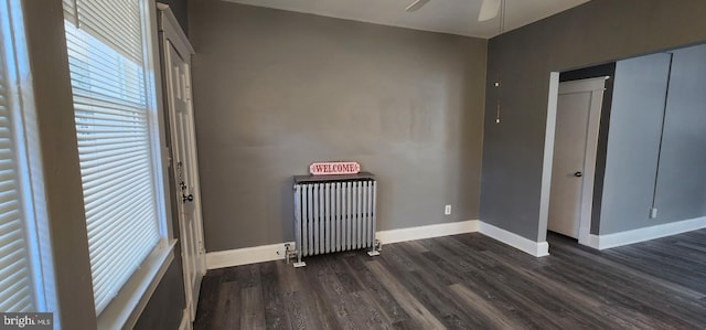 interior space with radiator, dark hardwood / wood-style floors, and ceiling fan