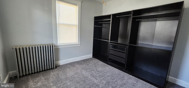 walk in closet with radiator and dark carpet