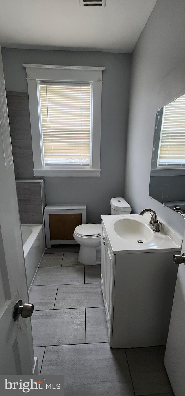 bathroom featuring vanity, toilet, and a bathing tub