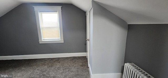 bonus room featuring lofted ceiling, radiator heating unit, and carpet flooring