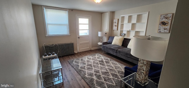 living room with dark wood-type flooring and radiator heating unit