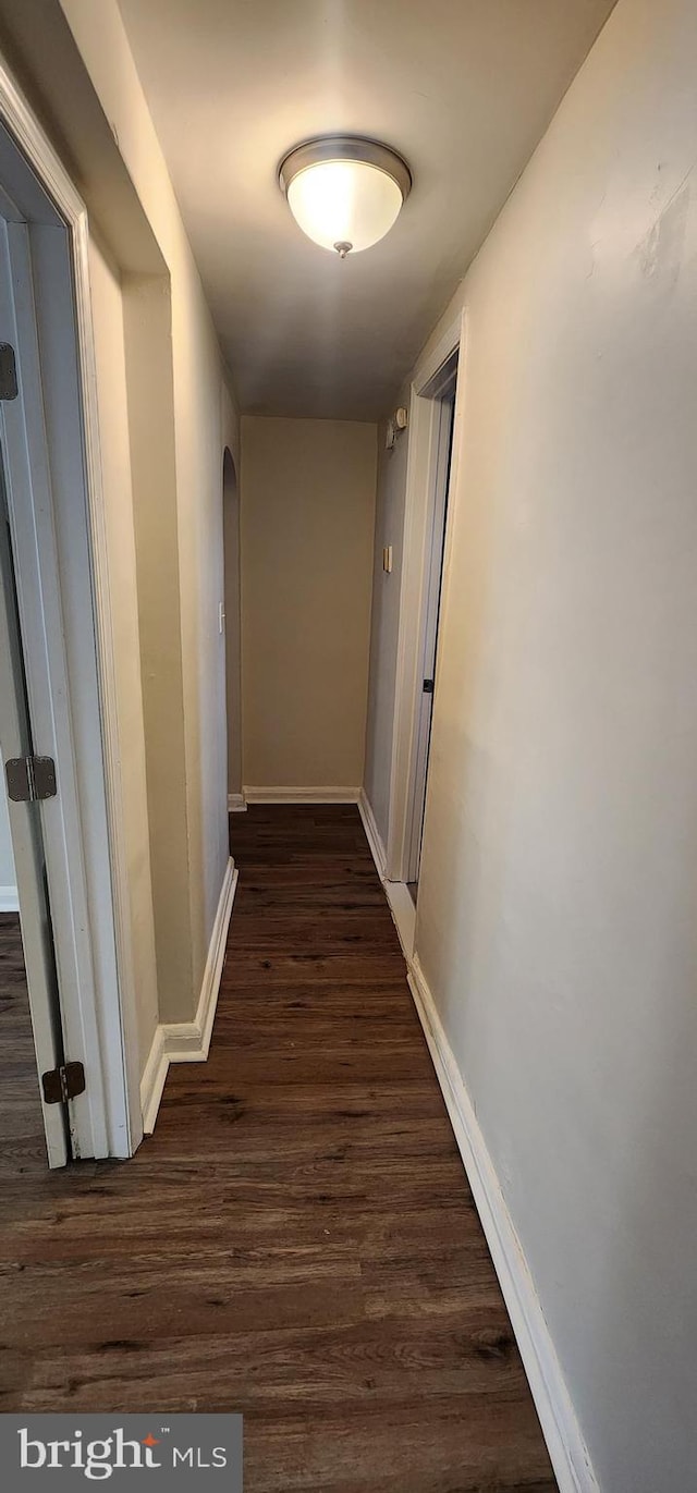 hallway with dark hardwood / wood-style flooring